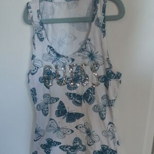 G by Guess White Tank with Teal Butterfly Print and Sequin Logo